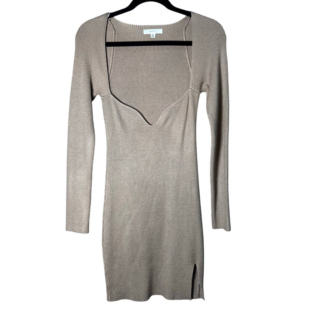 Mable Long Sleeve Mini Sweater Dress Womens M Brown Ribbed Knit Sweetheart Neck